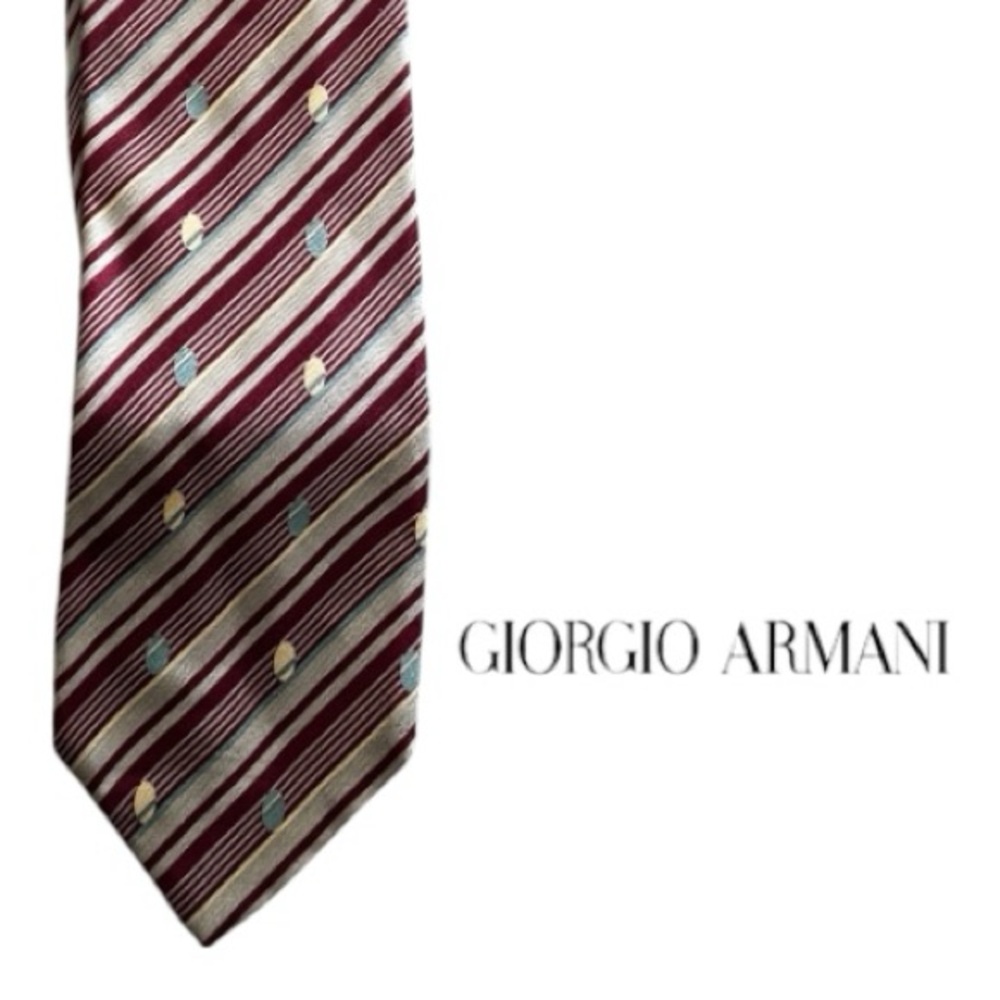 Vtg Giorgio Armani Men's Silk Tie - Burgundy and White Stripes - Picture 2 of 4
